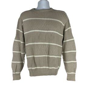 Jantzen Mens Knit Sweater Beige Stripe Large Vintage Warm Made In USA